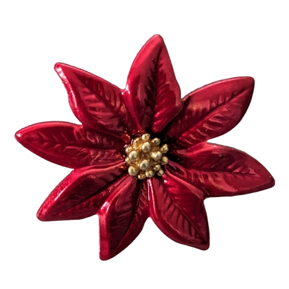 Vintage Jewelry - Vintage Pointsettia Red Flower Floral Holiday Lapel Pin / Brooch